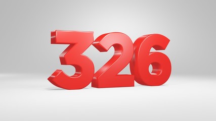 Number 326 in red on white background, isolated glossy number 3d render
