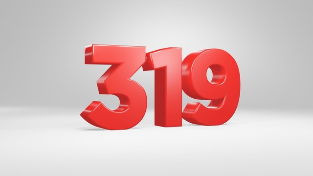 Number 319 in red on white background, isolated glossy number 3d render