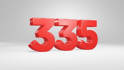 Number 335 in red on white background, isolated glossy number 3d render