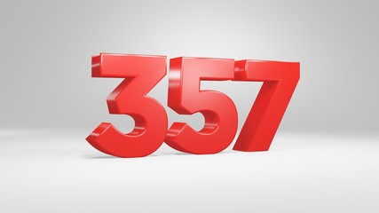 Number 357 in red on white background, isolated glossy number 3d render
