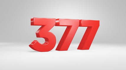 Number 377 in red on white background, isolated glossy number 3d render