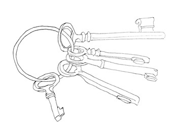 graphic black and white drawing keys on a ring