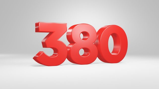 Number 380 in red on white background, isolated glossy number 3d render