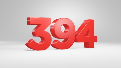 Number 394 in red on white background, isolated glossy number 3d render