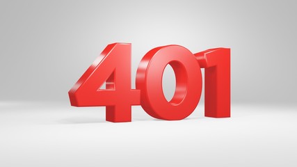 Number 401 in red on white background, isolated glossy number 3d render