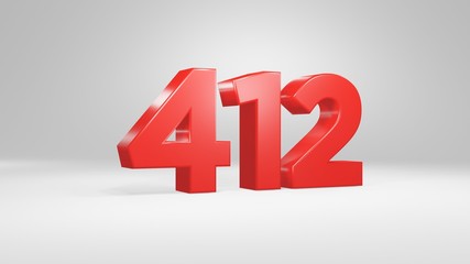 Number 412 in red on white background, isolated glossy number 3d render