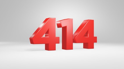 Number 414 in red on white background, isolated glossy number 3d render
