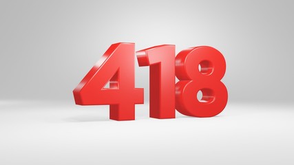 Number 418 in red on white background, isolated glossy number 3d render