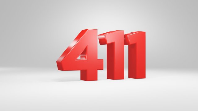Number 411 in red on white background, isolated glossy number 3d render