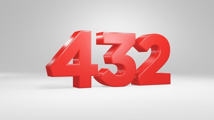 Number 432 in red on white background, isolated glossy number 3d render