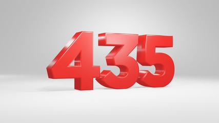 Number 435 in red on white background, isolated glossy number 3d render