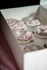 Tasty cupcakes. Homemade vanilla muffin cupcake with cream buttercream icing. Valentine sweets.  Close up view delicious sweet dessert