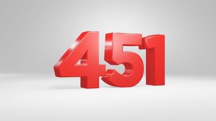 Number 451 in red on white background, isolated glossy number 3d render