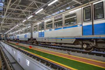 Obraz premium Inside the Mitino electric depot for the maintenance and repair of passenger trains and cars of the city metro. Moscow, Russia
