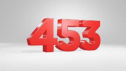 Number 453 in red on white background, isolated glossy number 3d render
