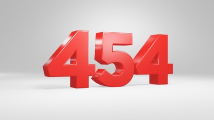 Number 454 in red on white background, isolated glossy number 3d render