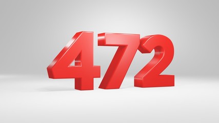 Number 472 in red on white background, isolated glossy number 3d render