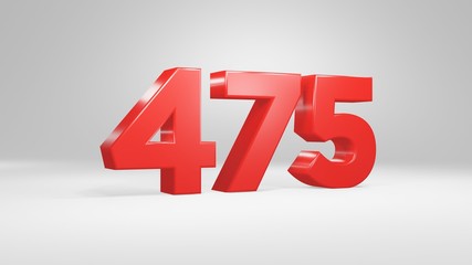 Number 475 in red on white background, isolated glossy number 3d render