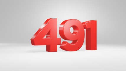 Number 491 in red on white background, isolated glossy number 3d render