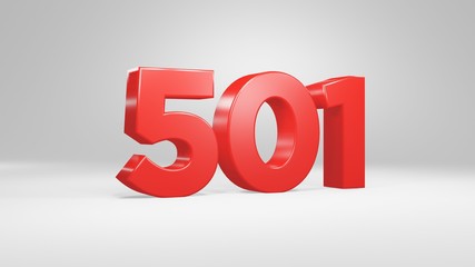 Number 501 in red on white background, isolated glossy number 3d render