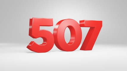 Number 507 in red on white background, isolated glossy number 3d render