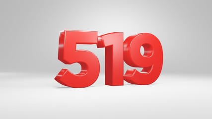 Number 519 in red on white background, isolated glossy number 3d render
