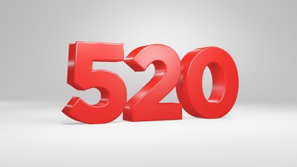 Number 520 in red on white background, isolated glossy number 3d render