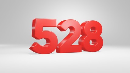 Number 528 in red on white background, isolated glossy number 3d render