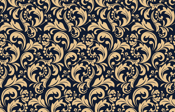 Flower pattern. Seamless gold and dark blue ornament. Graphic vector background. Ornament for fabric, wallpaper, packaging