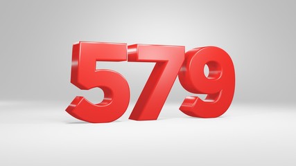 Number 579 in red on white background, isolated glossy number 3d render