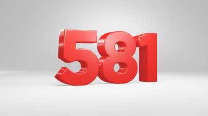 Number 581 in red on white background, isolated glossy number 3d render