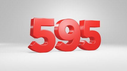 Number 595 in red on white background, isolated glossy number 3d render