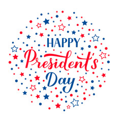 Fototapeta na wymiar Happy Presidents Day calligraphy lettering with red and blue stars. American patriotic typography poster. Easy to edit vector template for logo design, banner, greeting card, postcard, flyer.