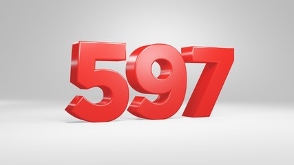 Number 597 in red on white background, isolated glossy number 3d render