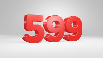 Number 599 in red on white background, isolated glossy number 3d render