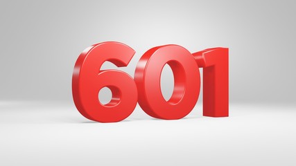 Number 601 in red on white background, isolated glossy number 3d render