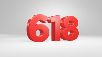Number 618 in red on white background, isolated glossy number 3d render © Simon