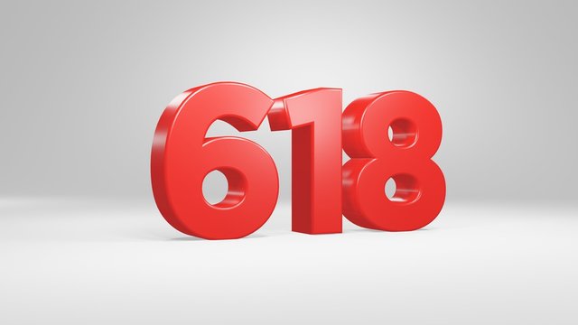 Number 618 in red on white background, isolated glossy number 3d render