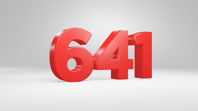 Number 641 in red on white background, isolated glossy number 3d render