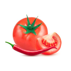 Tomatoes and red hot chili pepper isolated on white background.