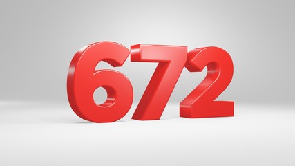 Number 672 in red on white background, isolated glossy number 3d render