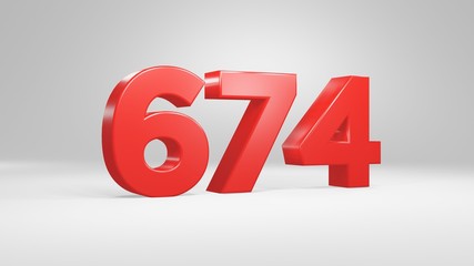 Number 674 in red on white background, isolated glossy number 3d render