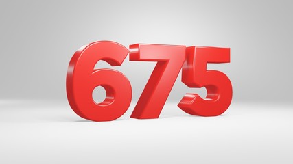 Number 675 in red on white background, isolated glossy number 3d render