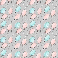 Hand drawn seamless pattern with cute blue and pink party balloons. Сolorful doodle vector illustration for Birthday, baby room, greeting card, invitation, wallpaper, wrapping paper, packaging.