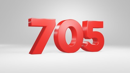 Number 705 in red on white background, isolated glossy number 3d render