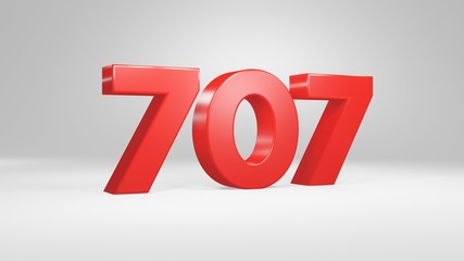 Number 707 in red on white background, isolated glossy number 3d render