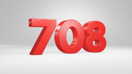 Number 708 in red on white background, isolated glossy number 3d render