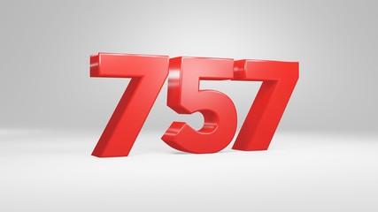 Number 757 in red on white background, isolated glossy number 3d render