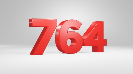 Number 764 in red on white background, isolated glossy number 3d render