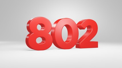 Number 802 in red on white background, isolated glossy number 3d render